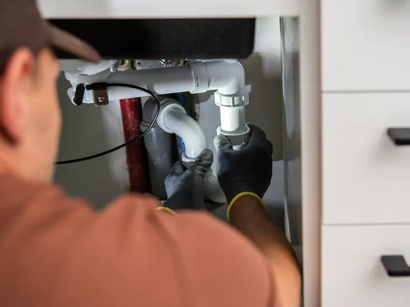 Encanador instalando o sifão e o ralo de uma pia sob o gabinete